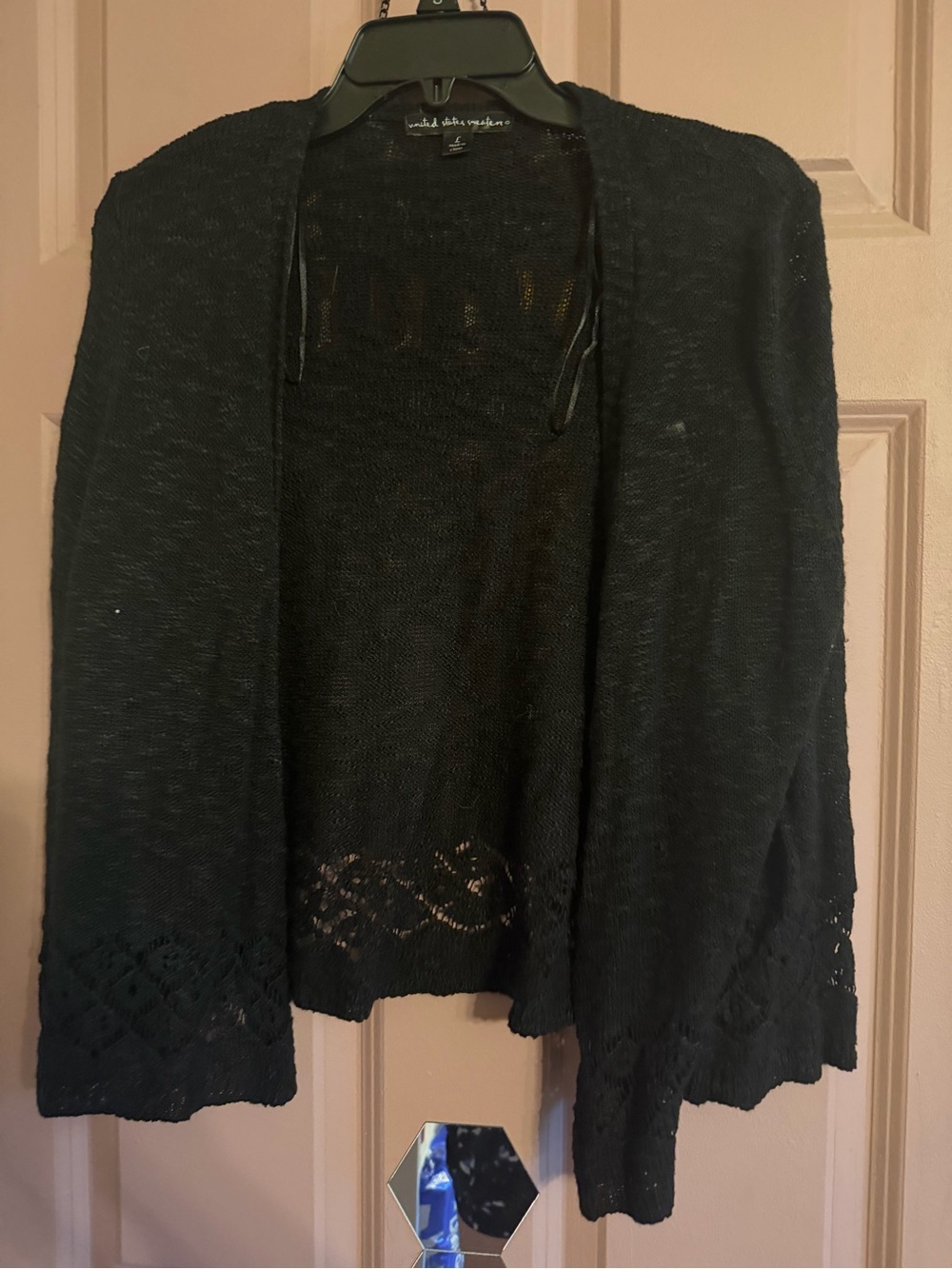 united states sweaters Black Open-Front Women's Cardigan with Lace Hem